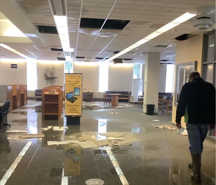 Library with water damage from sprinklers. 